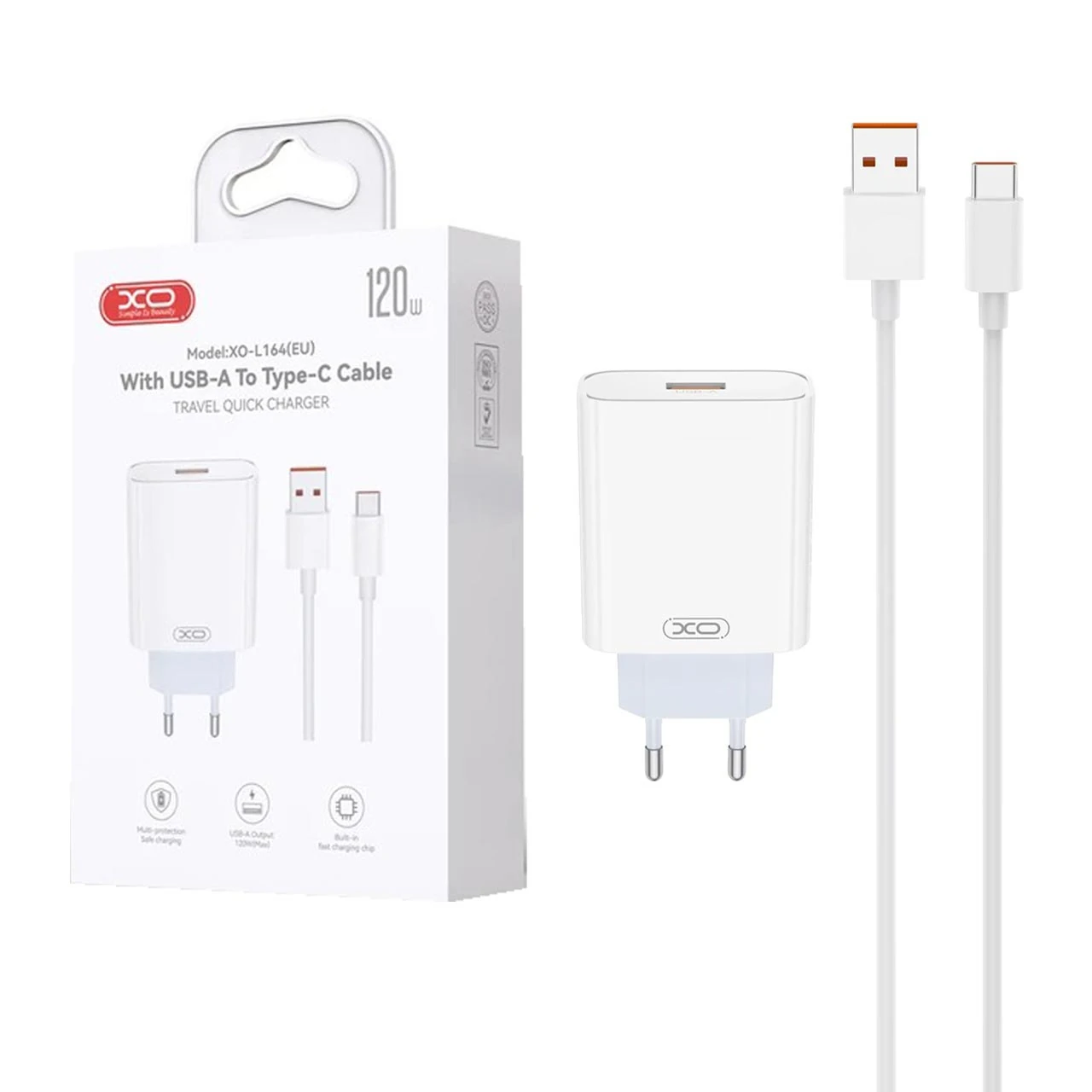 شارژر دیواری فست تک پورت XO مدل XO-L164(EU) 120W به همراه کابل شارژ Type-C - سفید